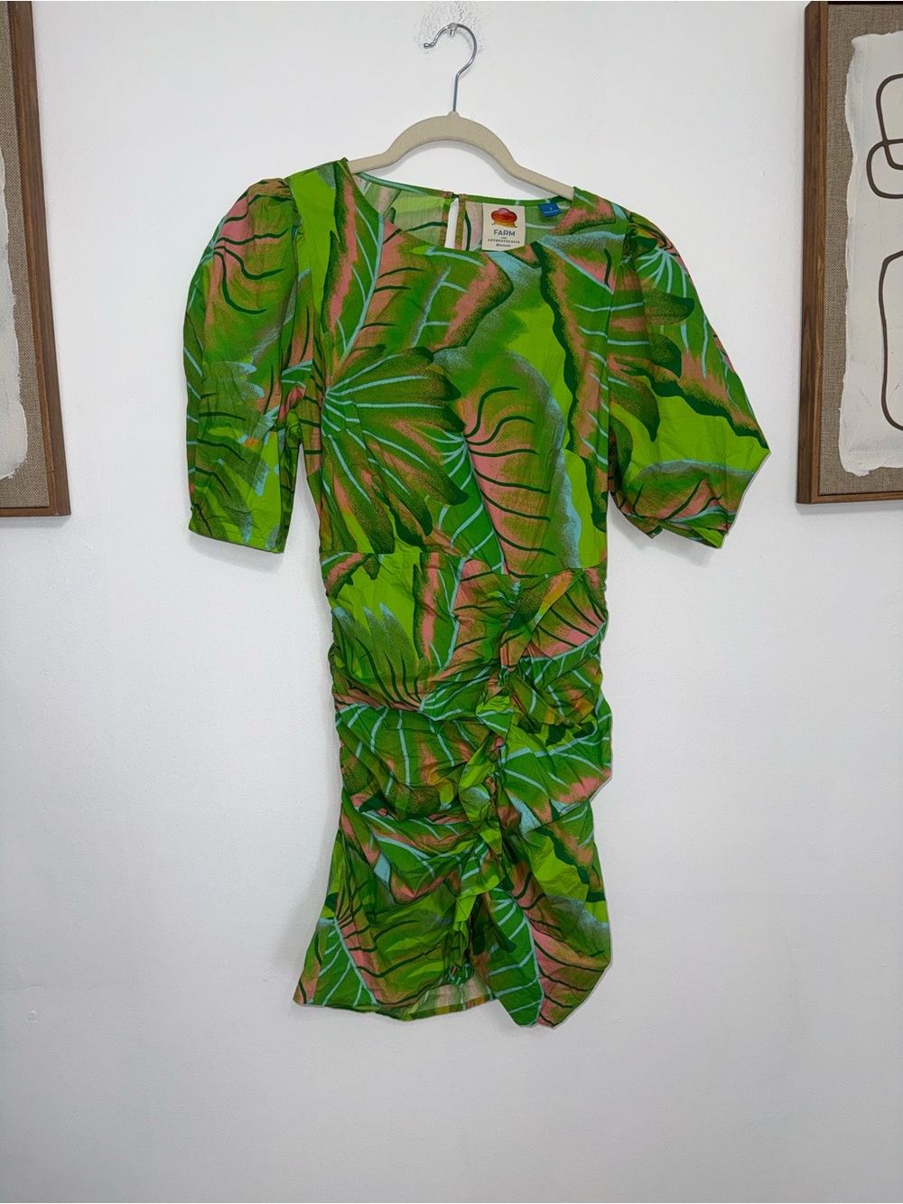 FARM Rio Neon Green Tropical Ruched Puff-Sleeve Mini Dress - Picture 3 of 10